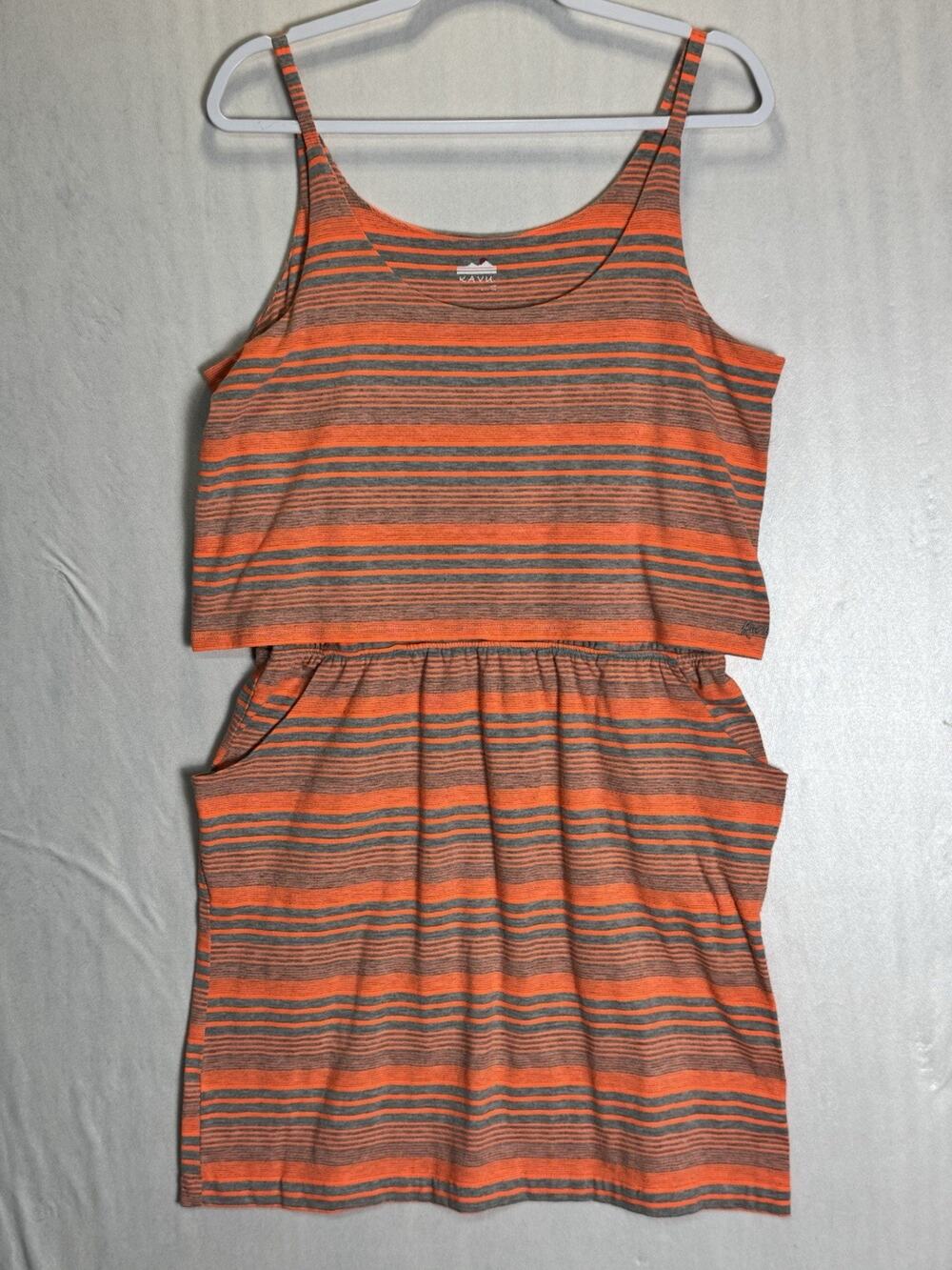KAVU Womens Orange Striped Athleisure Tank Dress Layered Pockets Outdoor Large